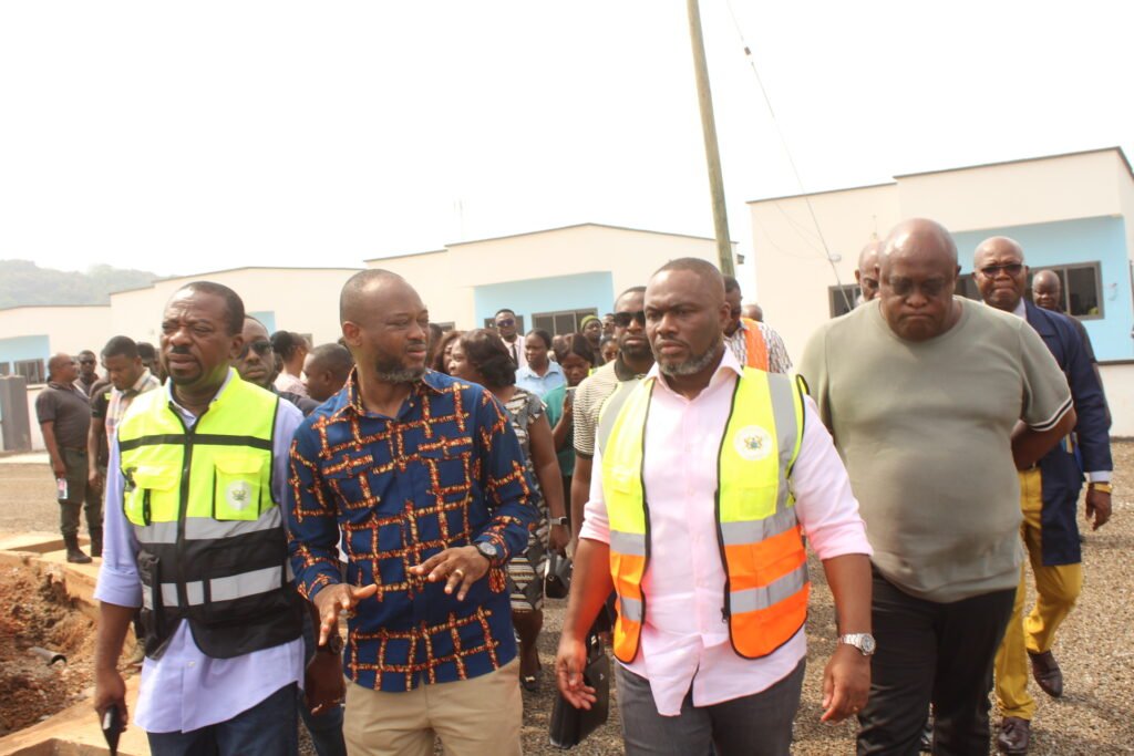 • Mr Kenneth Gilbert Adjei (second from right) being briefed by Mr Dela Zumanu (second from left) during his working tour of the Shai Hills housing project Photo: Ebo Gorman