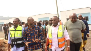 • Mr Kenneth Gilbert Adjei (second from right) being briefed by Mr Dela Zumanu (second from left) during his working tour of the Shai Hills housing project Photo: Ebo Gorman