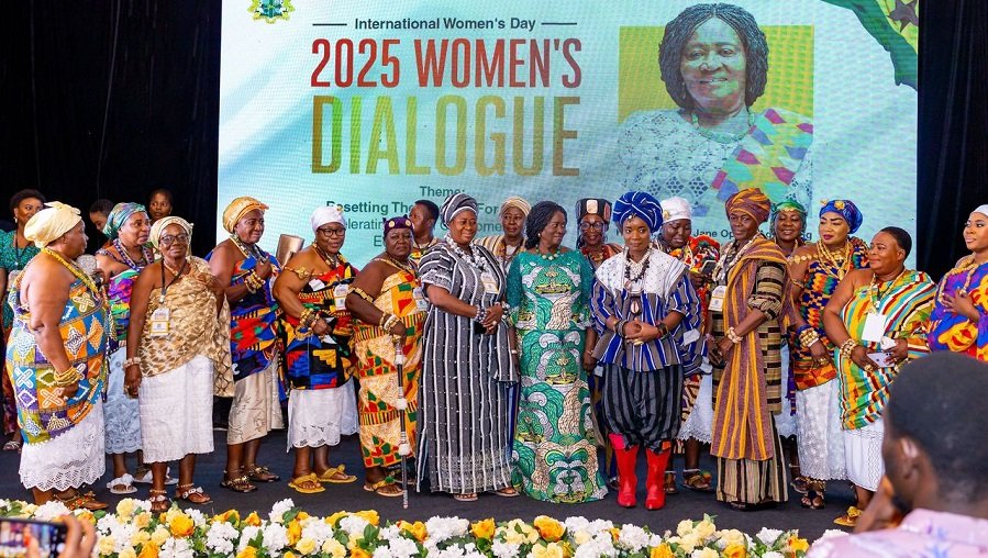 • Vice President Prof. Opoku-Agyemang (middle) with some women at the dialogue