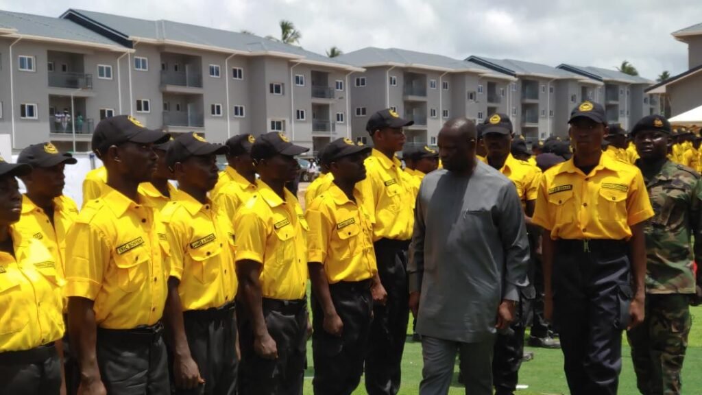 • Mr Buah inspecting the parade mounted by the River Guards at the Ezinlibo Naval FOB