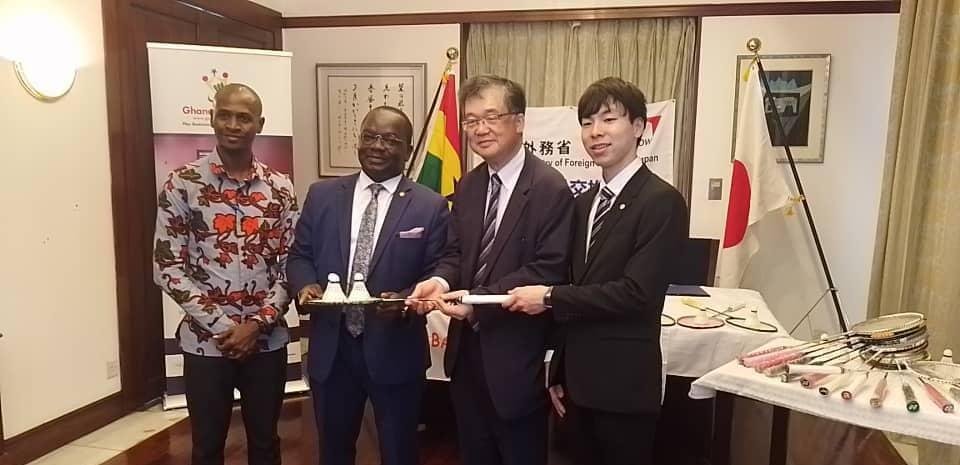 Mr Hiroshi Yoshimoto (second right) and Mr Yuki Sato (right) presenting the equipment to Mr Yeboah. Looking on is Mr Quashigah (left)