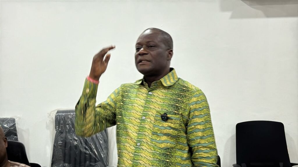 Mr Nelson (inset) addressing the Police leadership at Tarkwa