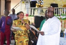 Ms Linda Ocloo swearing in Mr Haruna Mohammed Awal into office Photo Seth Osabukle
