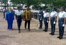 • Mr Samuel Nartey George (right), Mrs Imani Ouaadil (left) being led by the Parade Commander, Flt Lt Nana Kwesi Anim Kwakye to inspect the parade
