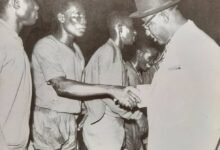 • Flashback 1967.Mfum in a warm handshake with NLC chairman General Ankrah before an international match at Accra Stafium