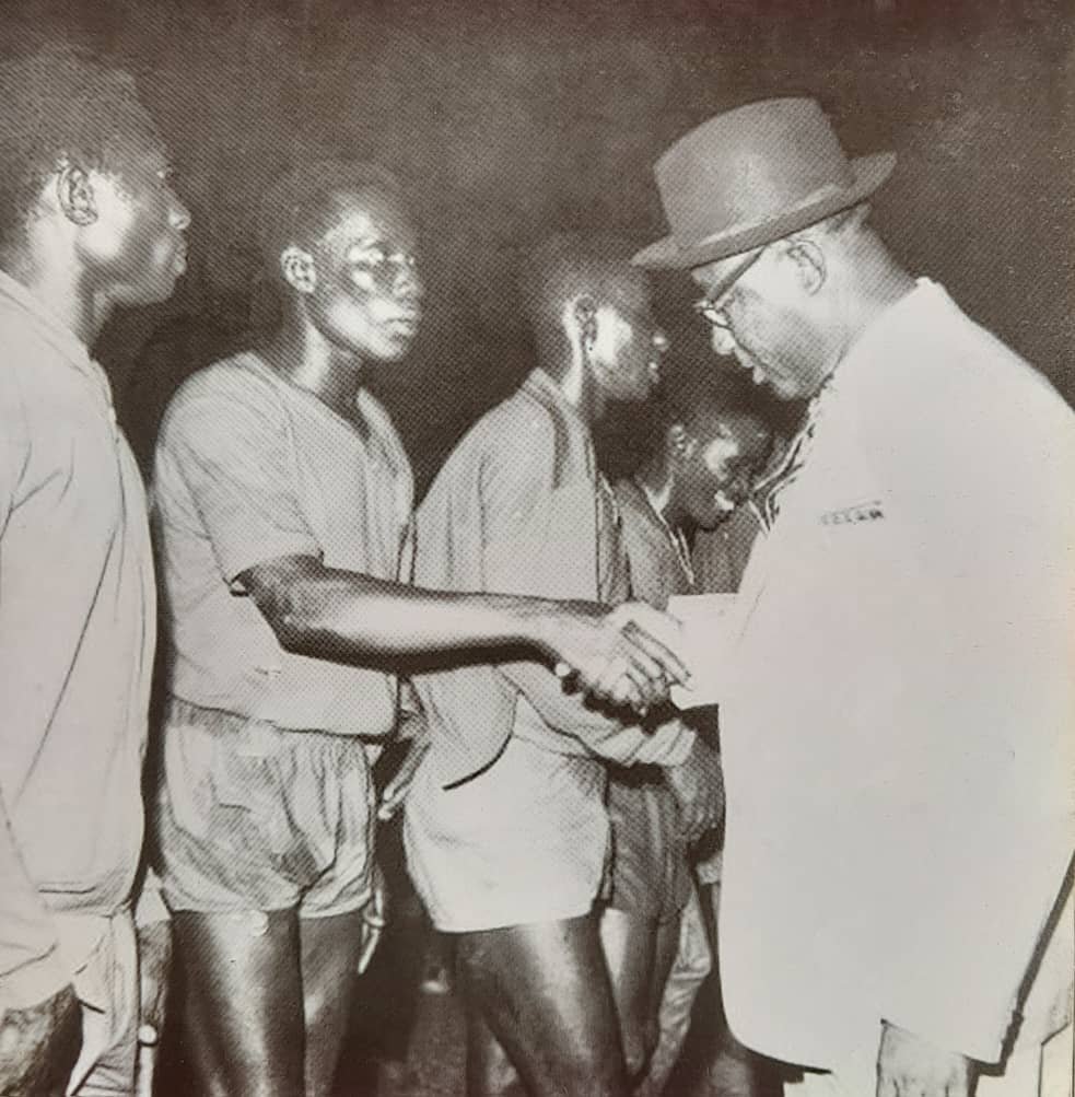 • Flashback 1967.Mfum in a warm handshake with NLC chairman General Ankrah before an international match at Accra Stafium