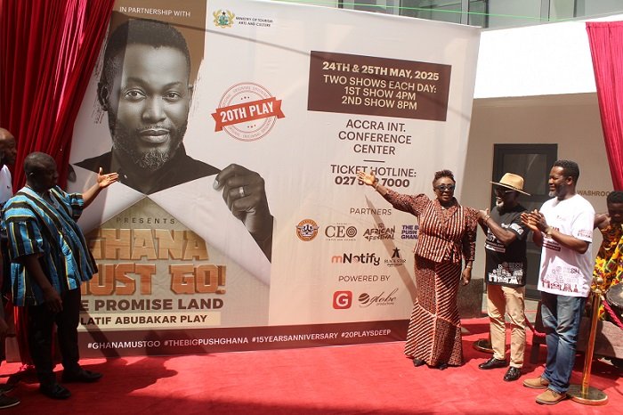 • Madam Abla Dzifa Gomashie (third from right), Mr Albert K. Dwumfour (in smock) and other invited guests launching the Ghana Must Go play Photo: Ebo Gorman