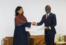• Dr Nishtar (left) and Mr Akandoh exchanging pleasantries after the joint presser