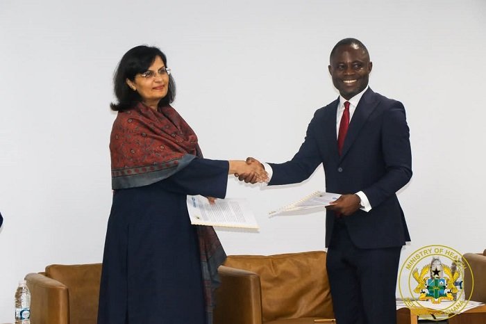 • Dr Nishtar (left) and Mr Akandoh exchanging pleasantries after the joint presser