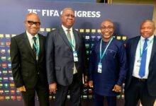 • Justice Anin-Yeboah with the GFA delegation at the meeting. They are FA Vice President Mark Addo (left), General Secretary Prosper Harrison Addo (second right) and Mr Aboabire