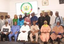 • Mr Ahmed Ibrahim (in smock back row) with Mr Elvis Afriyie Ankrah and other committee members after the meeting Photo: Ebo Gorman
