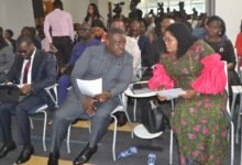 • Mr Nartey (middle) in a chat with Dr Agnes Naa Momo Lartey (right) during the programme. With them is Rev. Edmund Fianko Photo: Victor A. Buxton