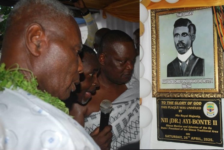 Nii Ayibonte II (in cloth) supported by Dr Nyaho Tamakloe (right) and other elders to unveil the plaque of Christopher Brandford Nettey