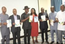 • Mr Ahmed Ibrahim (fourth from left), Dr Alhassan Iddrisu (second from left), Dr Rasheed Draman (fourth from right) and other invited guests launching the report Photo: Ebo Gorman