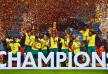 • South African players in joyous mood after receiving the trophy