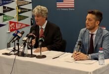 Mr Elliot Fertik, addressing the media, with him is Mr Matthew Asada.