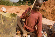 A boy working at a quarry site , chipping rocks into gravel with a homemade hammer Credit -NBC NEWS
