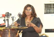 Mrs Maame Efua Huoadjeto (inset) addressing participants at the FESTAC press launch. Photo. Ebo Gorman
