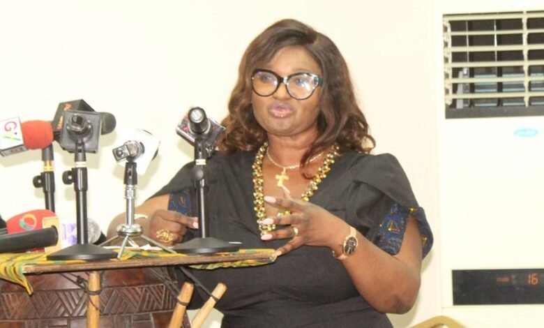 Mrs Maame Efua Huoadjeto (inset) addressing participants at the FESTAC press launch. Photo. Ebo Gorman