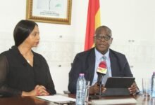 Mr Solomon Quaynor (right) addressing the press conference. With him is Ms Eyerusalem Fasika, Country Manager,AfDB. Photo. Ebo Gorman