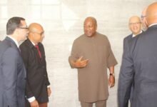 President Mahama (middle) interacting with Ambassador,Irchad Razaaly (second from left) and other EU members after the dialogue. Photo. Ebo Gorman