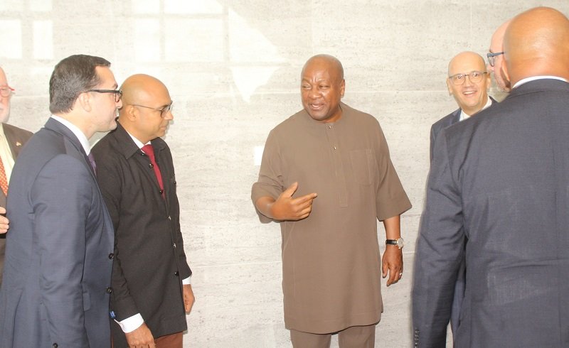 President Mahama (middle) interacting with Ambassador,Irchad Razaaly (second from left) and other EU members after the dialogue. Photo. Ebo Gorman