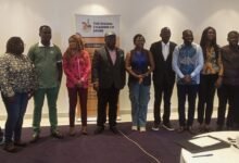 • Dr Ashigbey (middle in cap) with journalists at the GCM media engagement