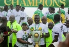 • Coach Frimpong Manso and members of the playing body and technical team celebrate with the Ghana Premier League trophy