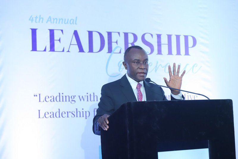 • Prof. Victor Kwame Agyemang, (inset) addressing participants at the GEA Annual Leadership Conference Photo: Ebo Gorman