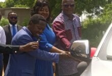 • Mr Madjie (right) assisted by Pastor Kofi Nyantakyi- Bonsra,District Pastor, Church of Pentecost, Nketsiakrom District of the Sekondi Area (left), to dedicate the vehicle for GIPC Takoradi office