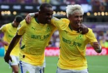 Mamelodi Sundowns' Iqraam Rayners celebrates scoring their first goal with Marcelo Allende