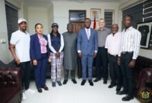 Mr Kofi Adams (fourth right) flanked by Mr Hans de Beer and Ahmed Padori and other members of the visiting team