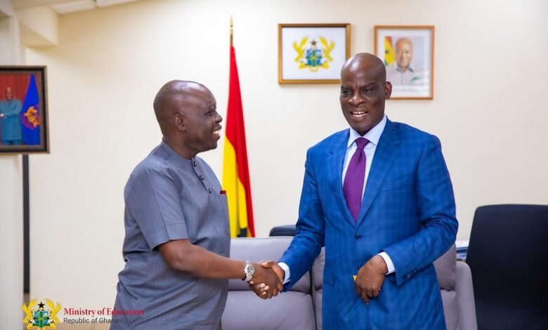 • Mr Haruna Iddrisu (right) welcoming Dr Wilfred Ochan to his office