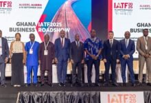 The Secretary General of the African Continental Free Trade Area (AfCFTA) Secretariat, H.E. Wamkele Mene (fifth left) poses with Afreximbank’s Group Chief Economist & Managing Director, Research, Dr. Yemi Kale (fifth right) and other dignitaries during the Ghana IATF2025 Business Roadshow in Accra