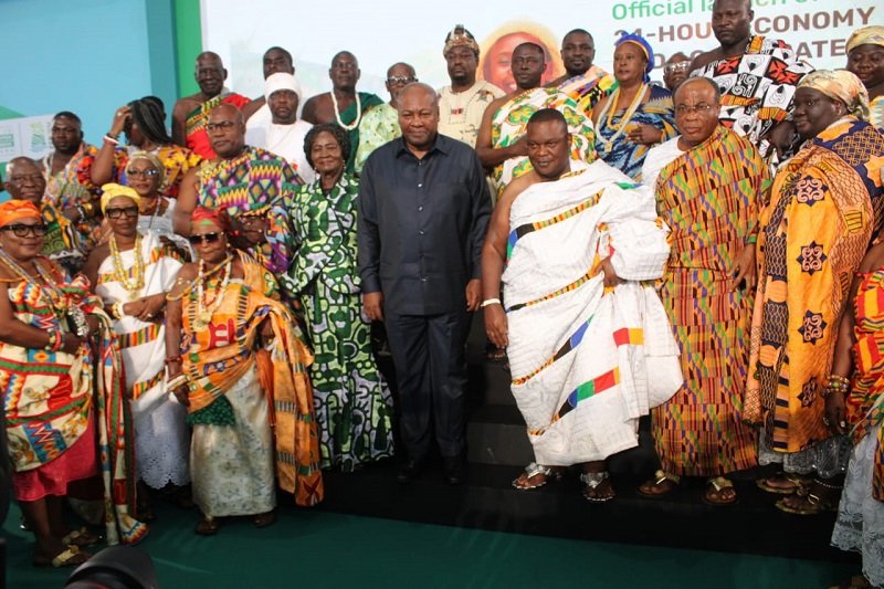 • President Mahama (fourth from right) with Gbese Mantse, (Dr) Nii Ayi-Bonte II (third from right) and other traditional rulers at the 24 hr plus economic launch