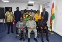 • Mr Kenneth Gilbert Adjei (seated middle) with the new board members Photo: Seth Osabukle