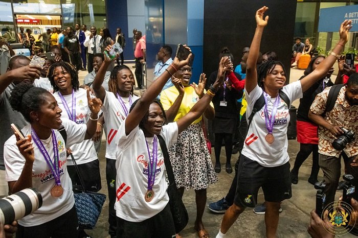 • Black Queens players dancing to some melodious tunes from the fans