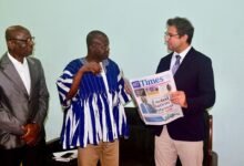 • Mr Husain Solaiman Alebrahim (right) interacting with Alhaji Abdul-Rahaman (middle) and Mr Nornam Cooper, Ag News Editor after the meeting