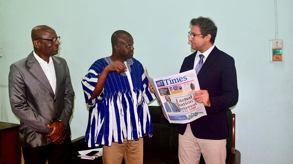• Mr Husain Solaiman Alebrahim (right) interacting with Alhaji Abdul-Rahaman (middle) and Mr Nornam Cooper, Ag News Editor after the meeting