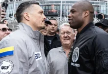Daniel Dubois (right) during a face-off with Oleksandr Usyk on Tuesday