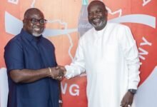 • Mr Sarpong (right) exchanging pleasantries with Mr Felix Gomis