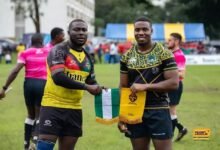 • Ghana’s captain Riddick Alibah (left) exchange pennants with Nigerian skipper Anthony Tuoyo Egodo before their last game