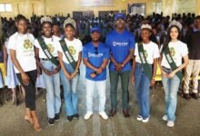 • Mr Joseph Kpormegbey (third from right) and Mr. John Koffie, communications officer, flanked by Ms Earth beauty queens