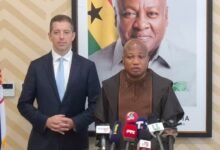 Mr Ablakwa (right) briefing the press. With him is Mr Duric