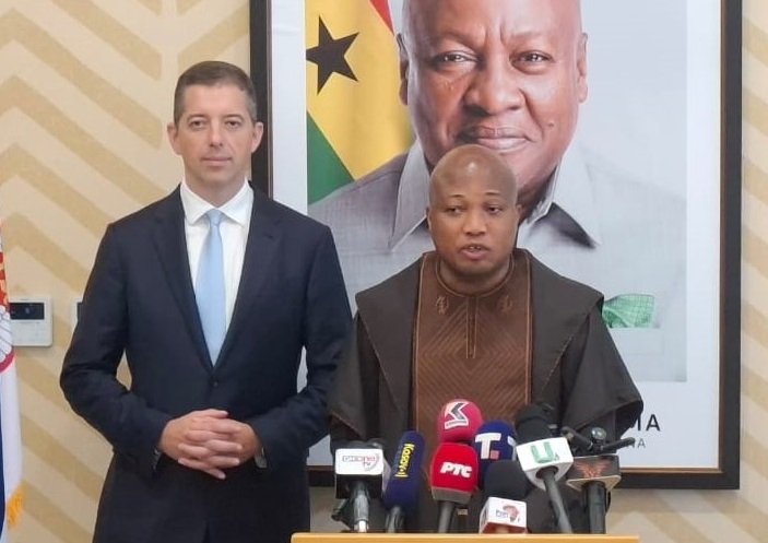 Mr Ablakwa (right) briefing the press. With him is Mr Duric