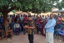 • Mr John Kwadwo Gyapong (middle) addressing the Pawa community