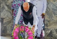 • Prime Minister Narendra Modi laying a wreath at the late Dr Kwame Nkrumah's tomb during his visit. With him include Vice President Naana Jane Opoku-Agyemang