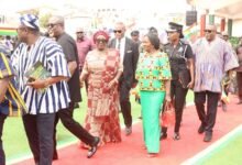 Prof. Opoku-Agyemang (first right) with Mad. Gomashie and Dr Samuel Ofosu-Ampofo and others at the PANAFEST Emancipation 2025 event