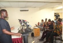 • Mr Dennis Yeribu giving a presentation on road crashes at the press conference. Photo: Ebo Gorman