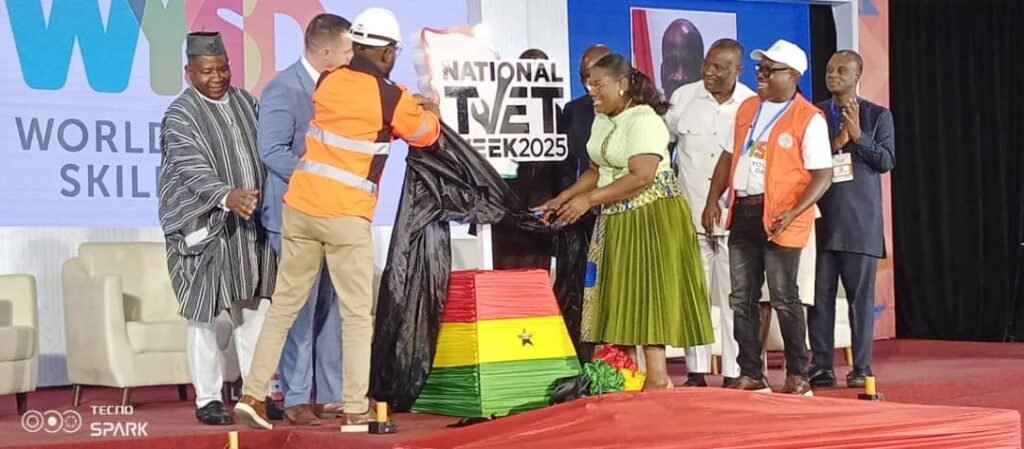 • Ms Bampoe (fourth from right), with other dignitaries unveiling the National TVET Week celebration logo